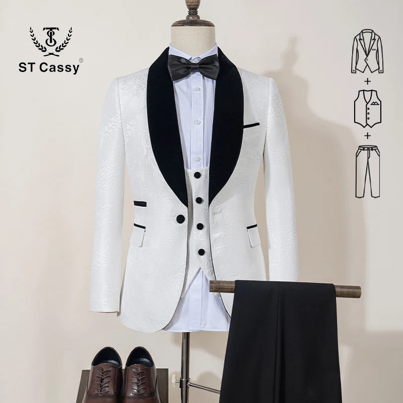 ST Cassy High Quality luxury Retro carving Party Dress Slim Fit Tuxedo Prom Suit Fashion white Male Groom Wedding three-piece