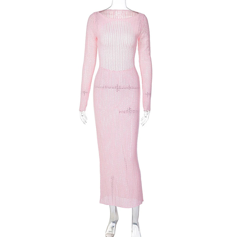 Hawthaw Women 2023 Autumn Winter Long Sleeve Streetwear Knitted Vacation Bodycon Pink Long Dress Wholesale Items For Business