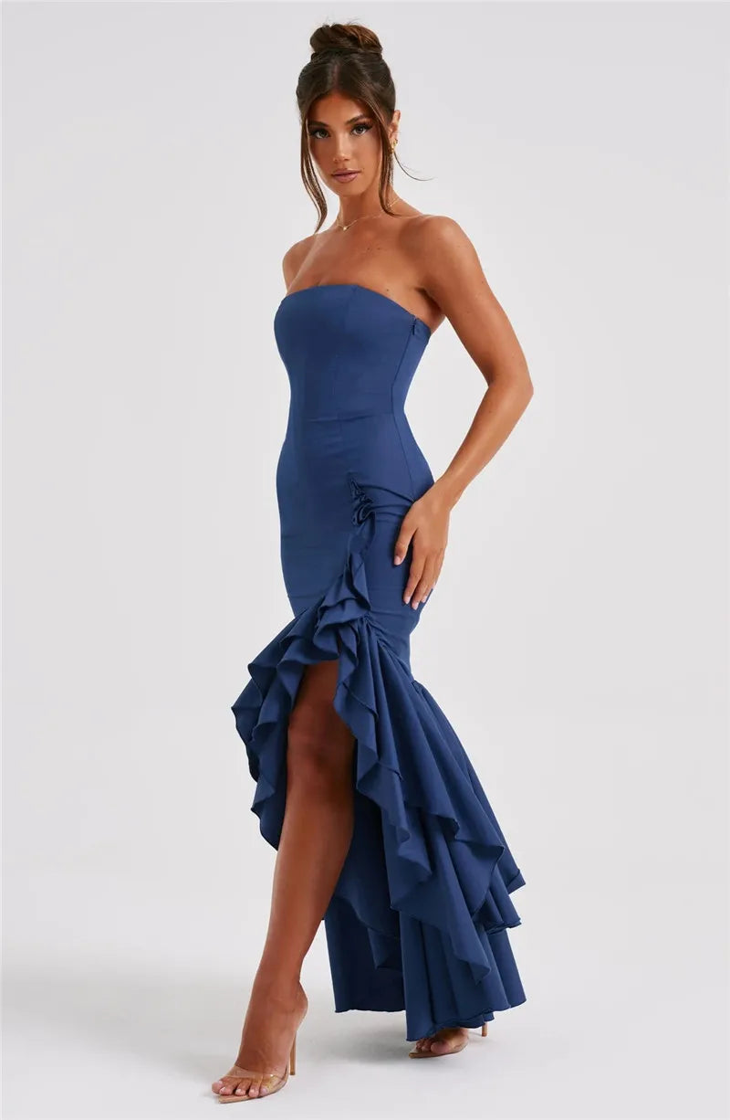 Mozision Strapless High Split Ruffle Long Dress For Women Fashion Off-shoulder Backless Sleeveless Bodycon Club Party Sexy Dress