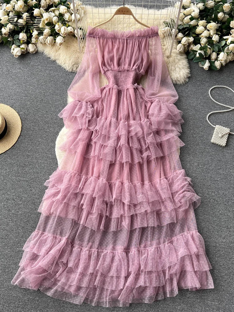 SINGREINY Mesh Party Long Dress Women Ruffle Long Sleeve Slash Neck Elastic Waist French Ladies Summer Elegant A Line Dresses