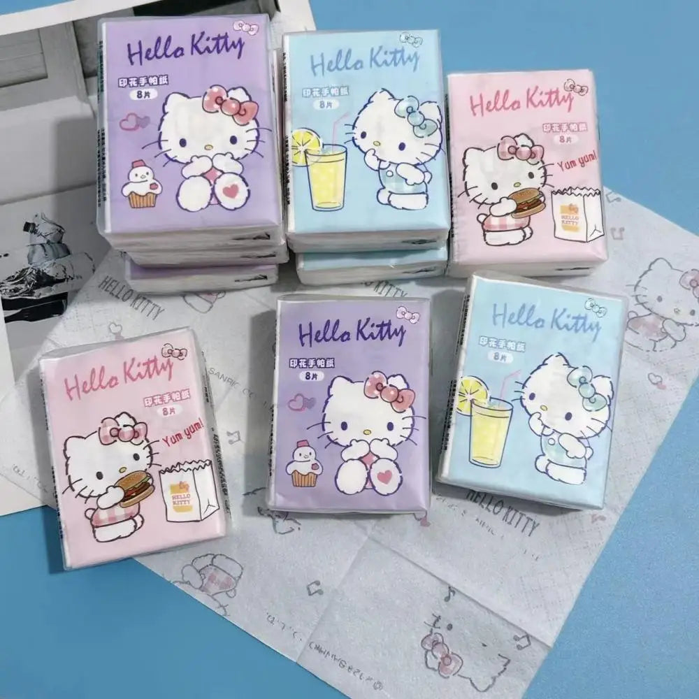 Kawaii Hello Kitty Handkerchief Paper Cartoon Sanrio Pochacco Kitty Printed Napkins Portable Small Pocket Tissues Facial Paper