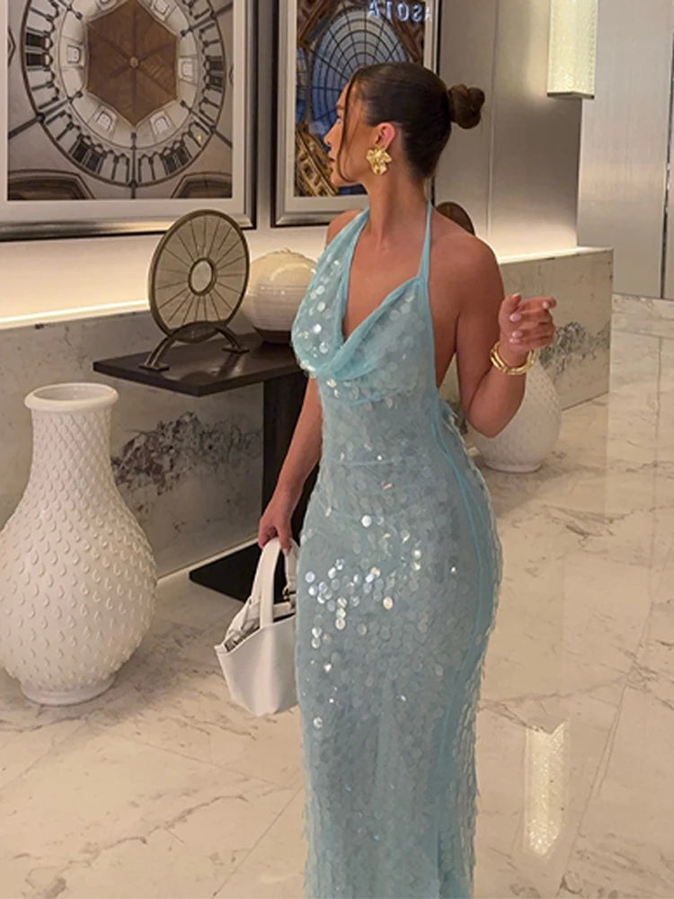 Elegant Sequin Halter Long Dress Women Sexy Bule Backless Sleeveless Slim Asymmetrical Beach Dresses Lady Chic Party Holiday
