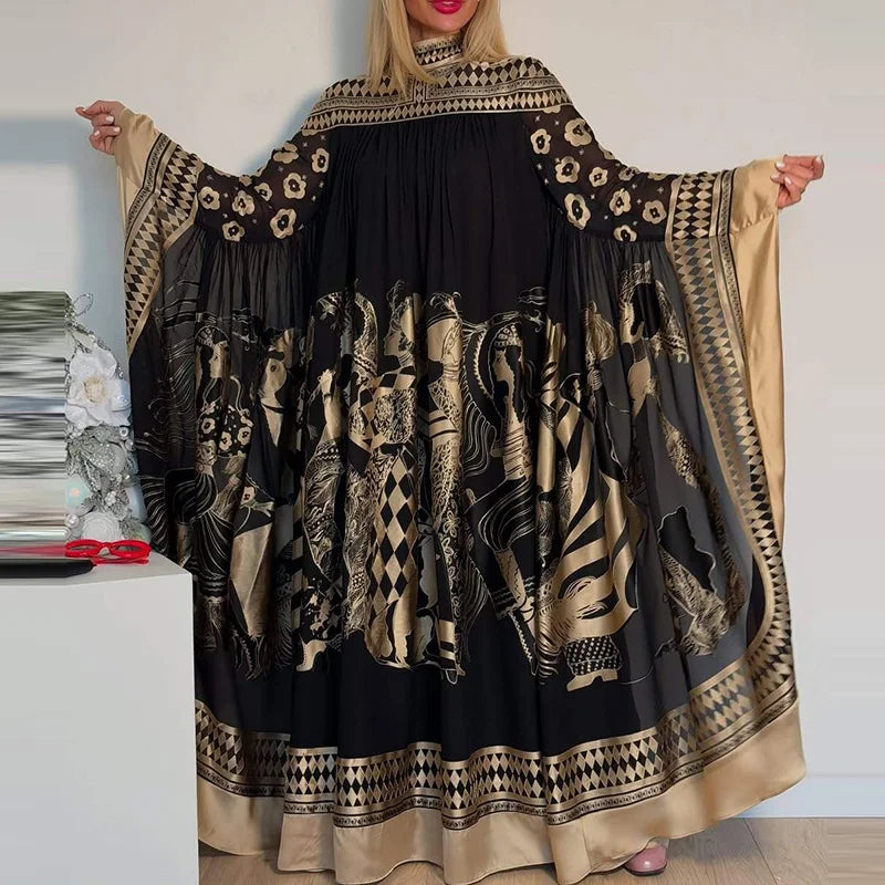 Women Fashion Turtleneck Pleated Robe Dress 2025 Elegant Pattern Print Loose Long Dress Casual Batwing Sleeve Muslim Party Dress