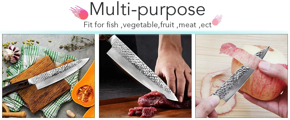 Kitchen Knives Japanese Chef Knife Set 7CR17 High Carbon Steel Full Tang Hammered Non-Stick Santoku Knifes Utility Meat Cleaver