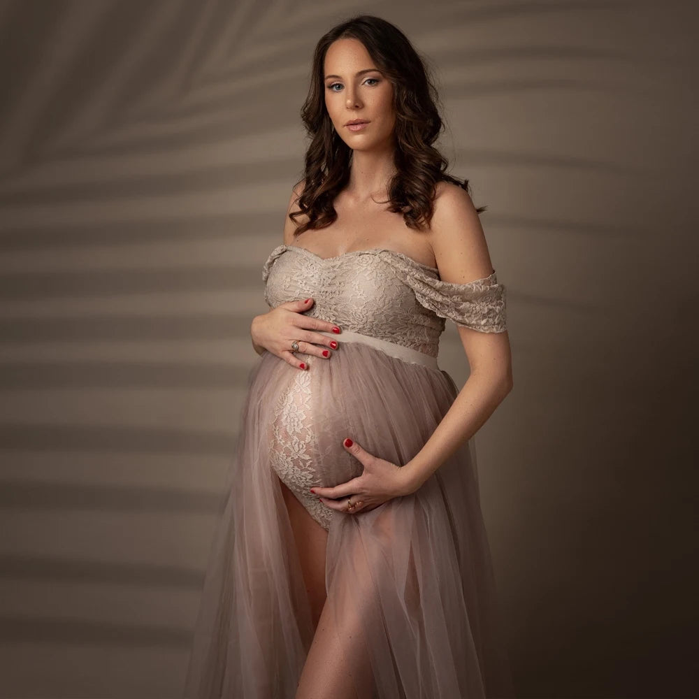 Bohemian Photo Shooting Pregnancy Dress Lace Bodysuit Tulle Long Dress Boho Style Maternity Dresses For Photo Shoot