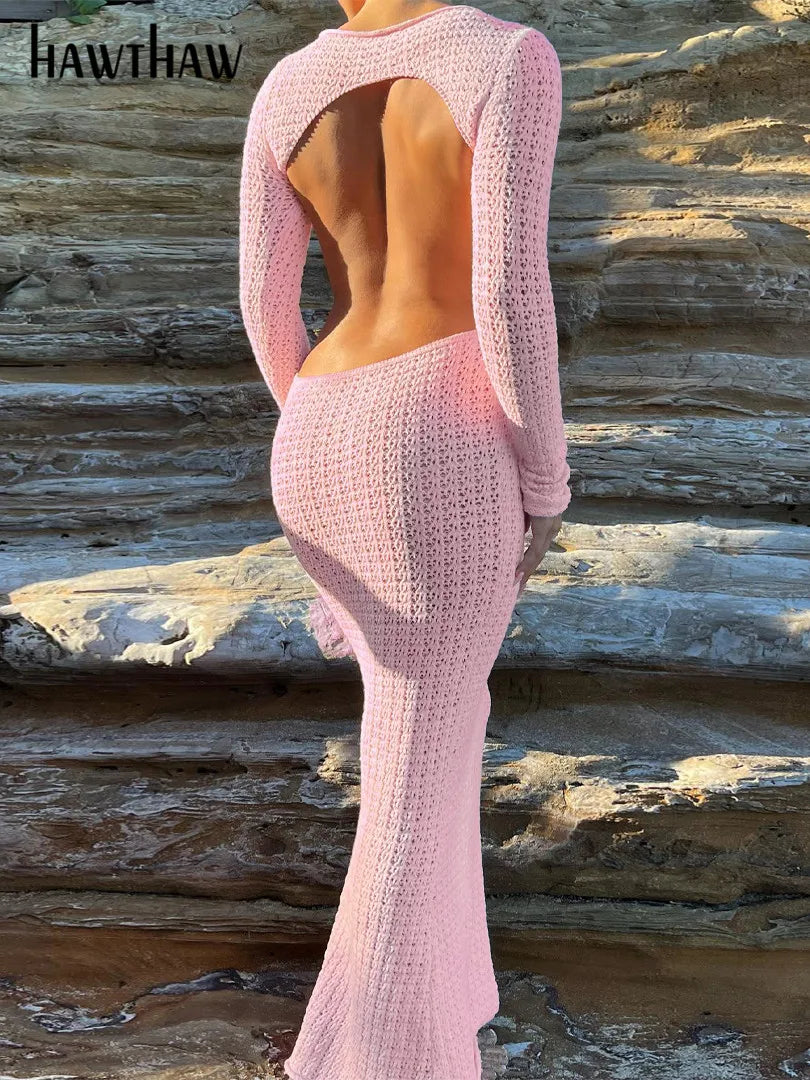 Hawthaw Women 2023 Autumn Winter Long Sleeve Streetwear Knitted Vacation Bodycon Pink Long Dress Wholesale Items For Business