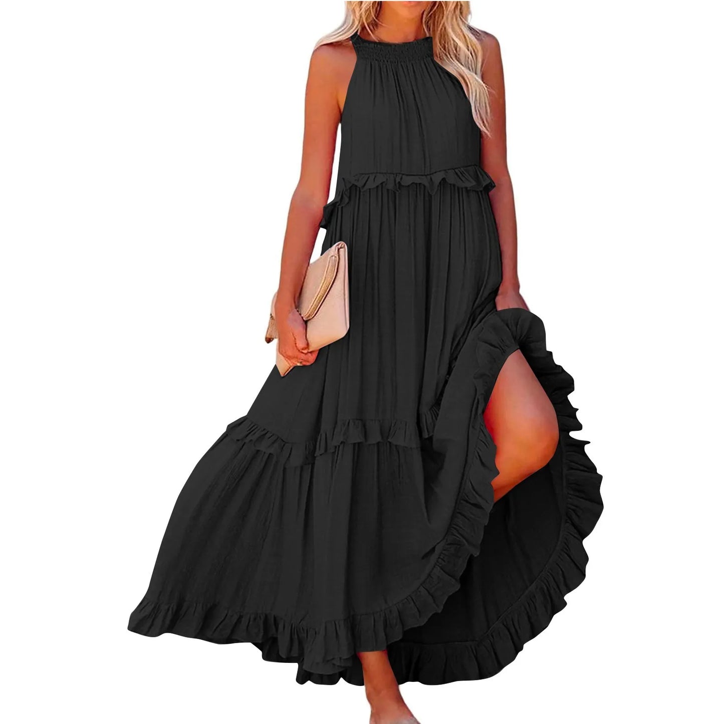 Women's Ruffled hem layered long dresses Summer Sleeveless backless dress Fashion Long Dress Big Swing Beach Dress vestidos