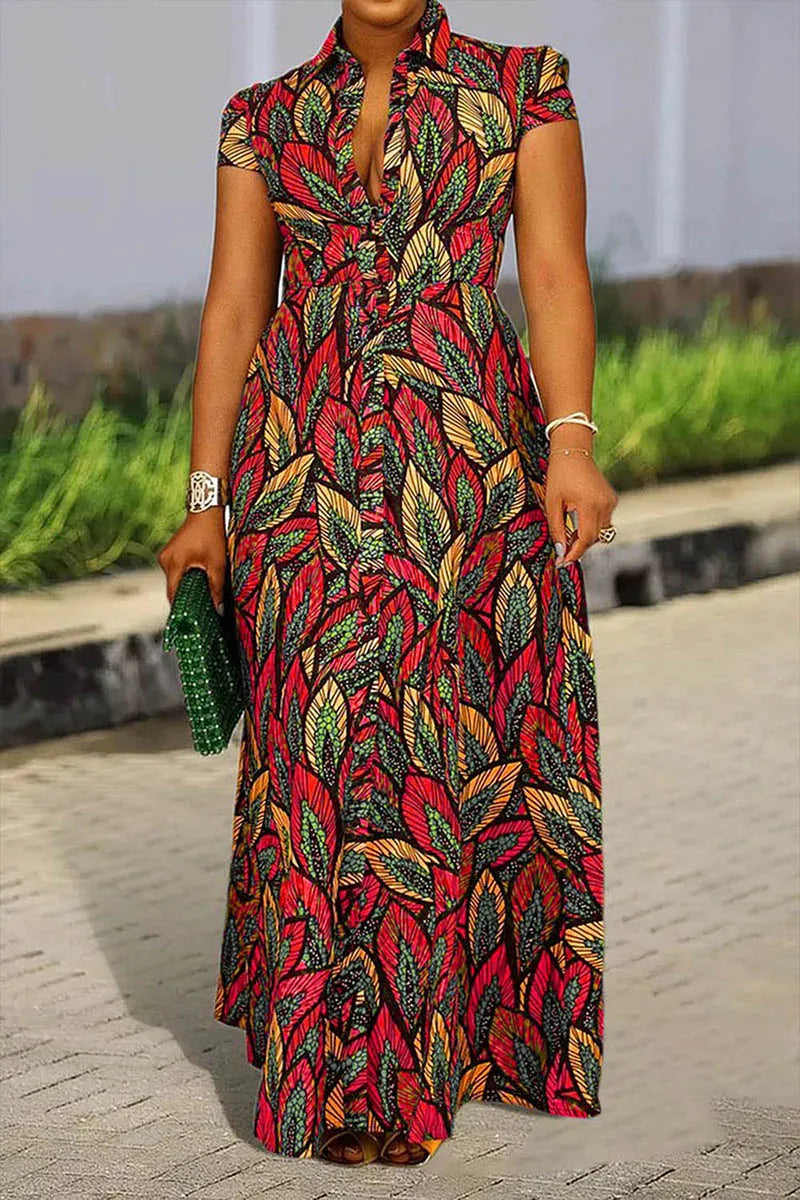 Women Plus Size Dress Floral Printed Sleeveless Turn Down Collar Slim Waist Button Long Dress Elegant Casual Vintage Dresses