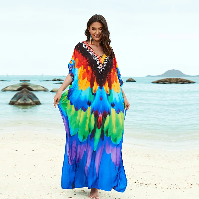 Women's Print Turkish Kaftan Bikinis Set Beachwear Bikini Cover Up Maxi Dress Bathing Suit Summer Outfit