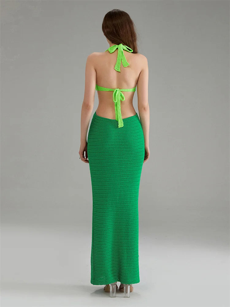 Y2K Cut Out Knitted Long Dress Women Contrast Sleeveless Halter V Neck Backless Dress Summer Bohemian Beach Sexy Dresses Female