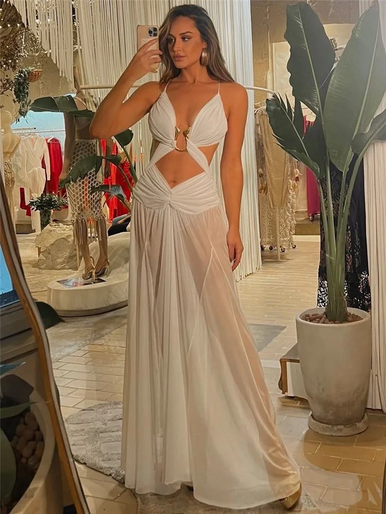 Metal Decorative Halter Long Dress Woman Hollow Out Backless Solid Color Pleated Robe Vacation Beach Women's Perspective Dresses