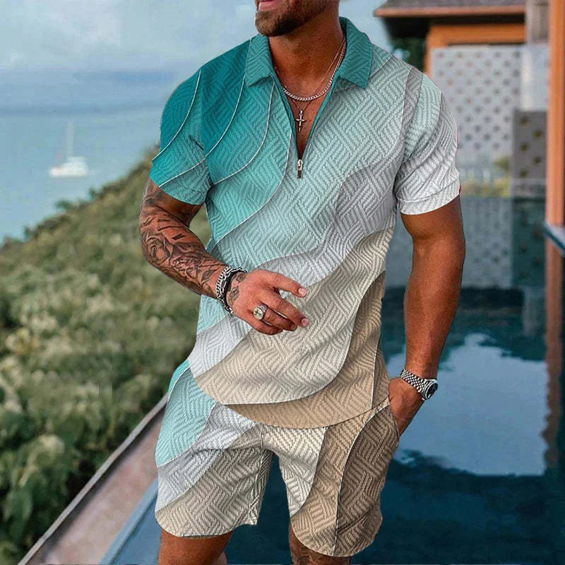 Solid Color Gradient Print Men's Sweatsuit Set Summer Casual Zipper Polo Shirt And Shorts 2pcs Sets Trend Man Pullover Clothing