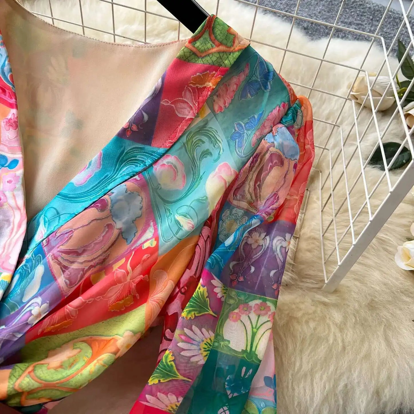 XFPV 2025 Spring New Fashion High-end V-neck Lantern Sleeves High Waist Print Swing Ruffle Edge Chiffon Long Dress Women SM11517