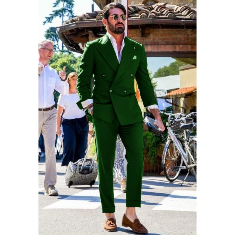 Men's Suit Two-piece Solid Color Double Breasted Fashion Spike Lapel Slim Fit Cropped Pants Casual Business Party Suits 2023