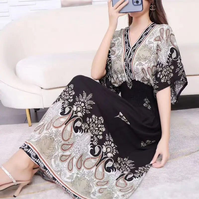V-neck Large Skirt Hem Casual Sweet Holiday Long Dress Bat Sleeves Elastic Waist Bohemian Print Floral Elegant Dresse For Women