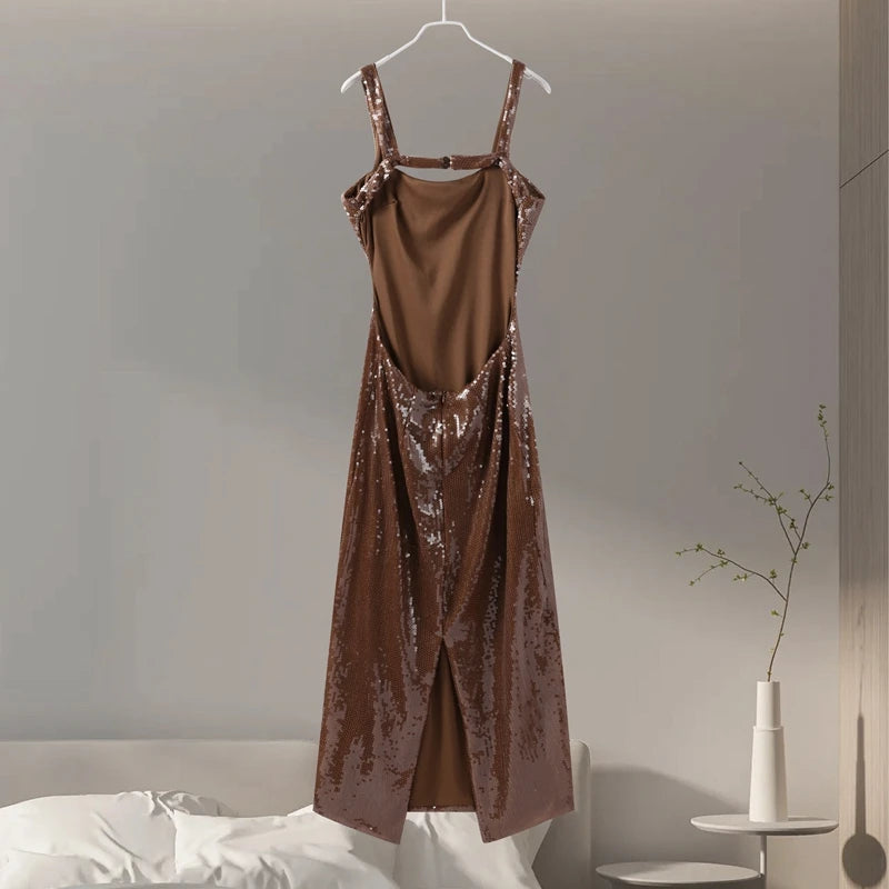 Sexy Square Neck Sling Long Dress Women Slim Sleeveless Backless Hollow Out Maxi Dresses 2025 Lady Party Christmas Gowns