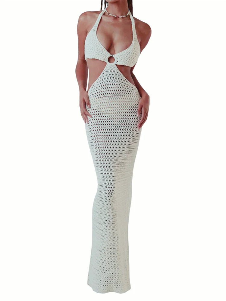 Y2K Cut Out Knitted Long Dress Women Contrast Sleeveless Halter V Neck Backless Dress Summer Bohemian Beach Sexy Dresses Female