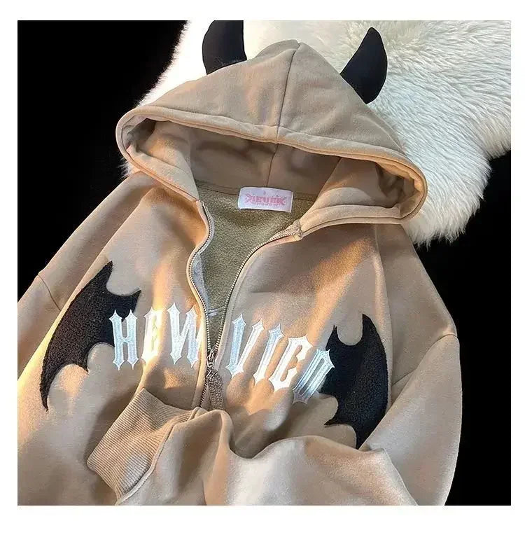 Winter New Cotton Jacket Devil Wing Embroidery Bread Jackets Men's Women's Vintage Harajuku Casual Loose Hooded Cotton-padded