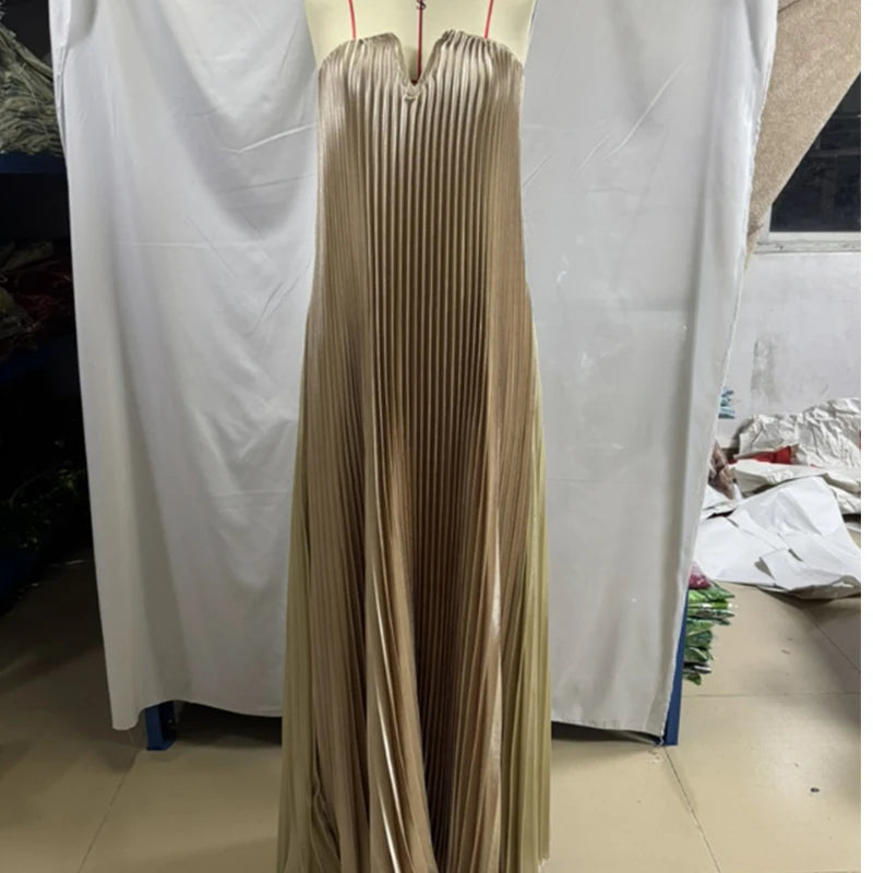 Elegant Pleat Long Dress Women Loose Tube Top Shiny Backless Sleeveless Dresses Female 2025 Summer Lady Party Evening Robes