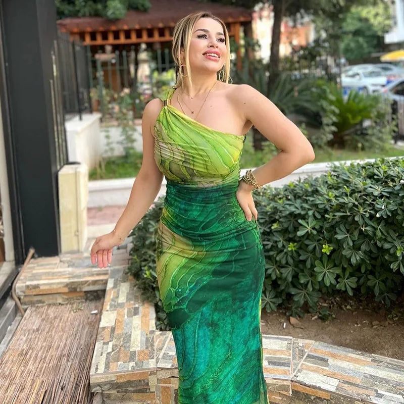 Green Print Long Dress Women Fashion One Shoulder Slim Evening Party Dresses Summer Sexy Backless Ruched Maxi Dress 2024