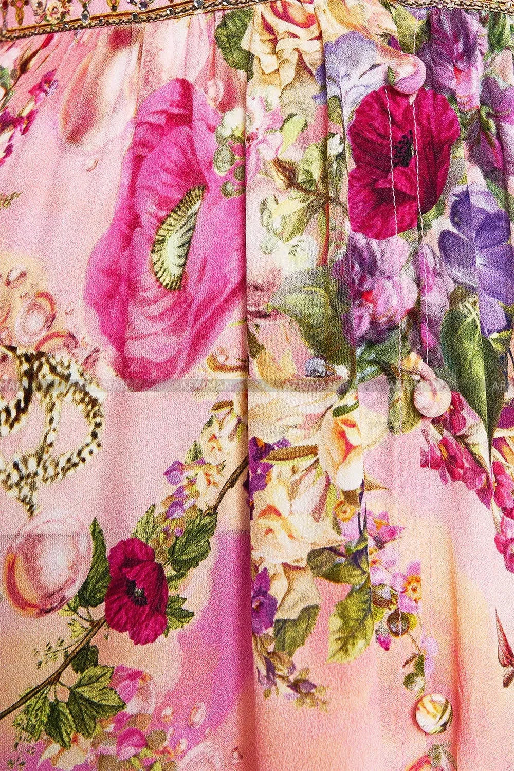 Women V Neck Crystal Beaded Pink Flower Print 3D Flower Embroidery Long Sleeve Silk Long Dress
