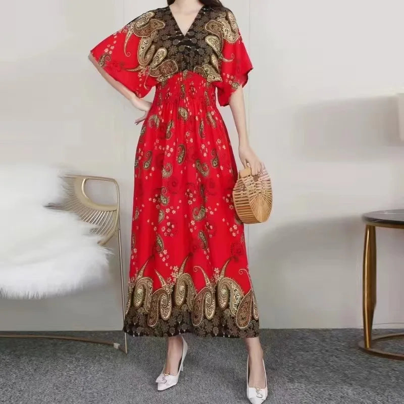 V-neck Large Skirt Hem Casual Sweet Holiday Long Dress Bat Sleeves Elastic Waist Bohemian Print Floral Elegant Dresse For Women