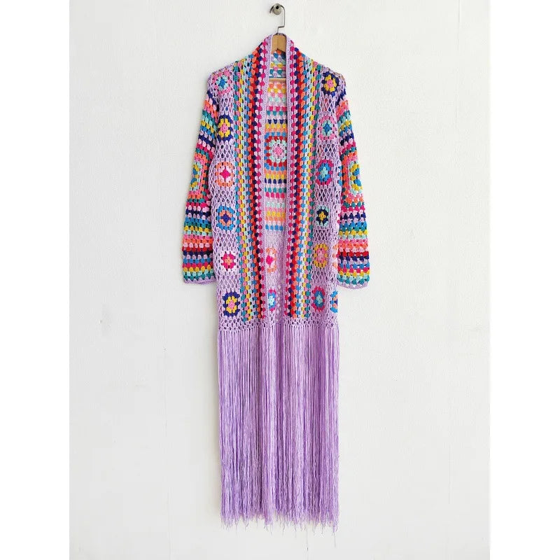 Crochet Knitted Women Cardigan Cover Ups Tassel Plaid Long Coat Bohemian 2023 Summer Beach Bikini Covers Sexy Hook Vestidos