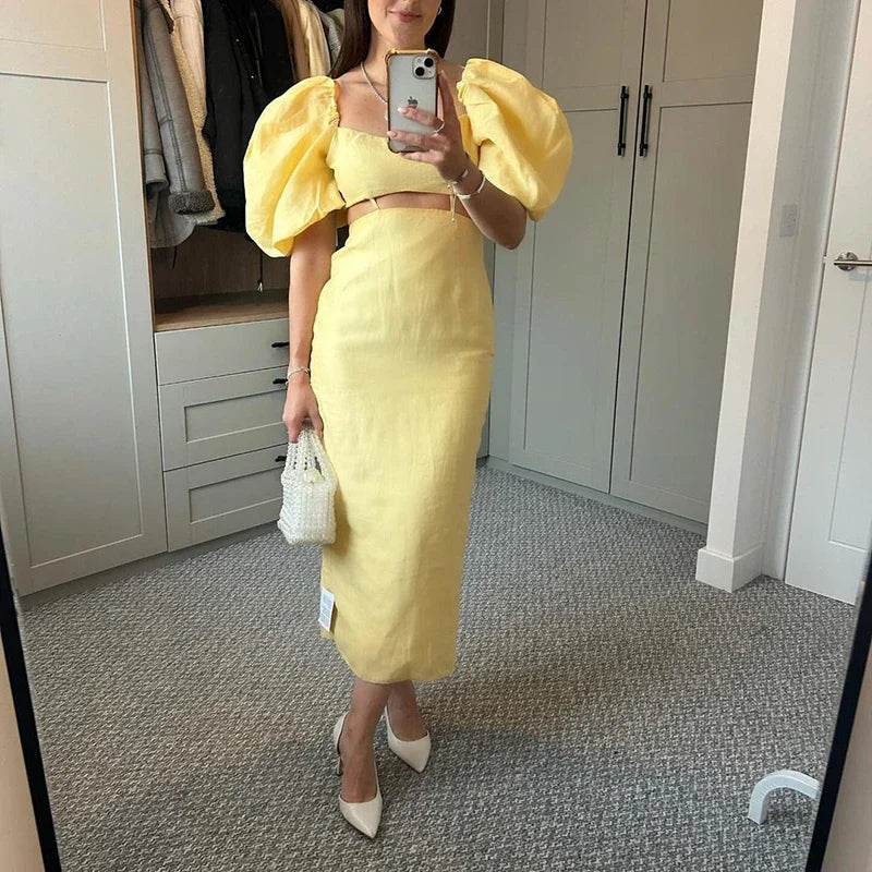 Women Sexy YellowSlash Neck Hollow Straight Show Waist Party Dresses Summer Elegant High waisted Slim Women Long Dress Vacation