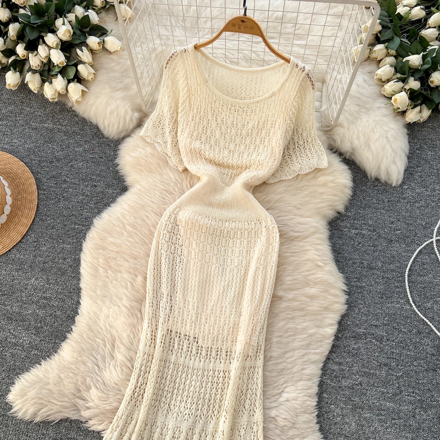 SINGREINY Vacation Style Casual Dress Suits Solid Strap Short Sundress+Knitting Hollow Out Long Dress Korean Women Beach Sets