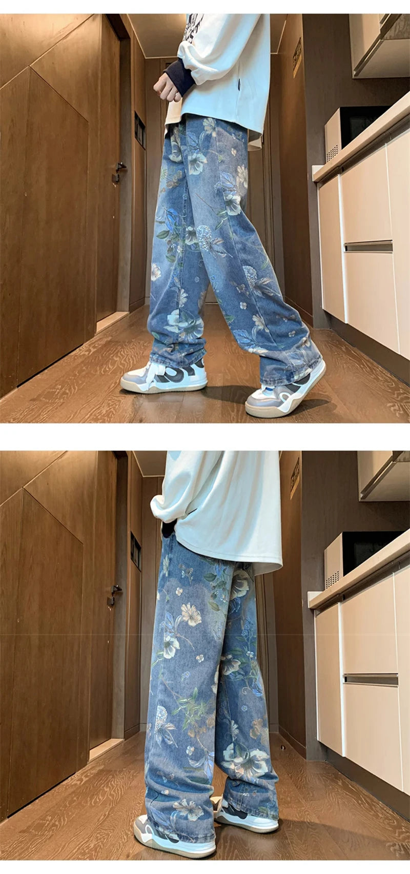 American High Street Floral Printed Jeans For Men 2024 New Y2K Vintage Denim Trousers Hip Hop Fashion Wide-leg Baggy Jean Pants