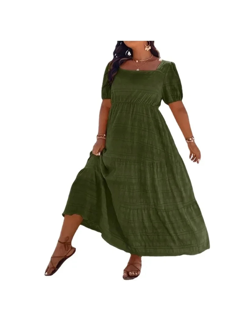 Plus Size 1XL-5XL Women's Fashionable Square Neck Solid Color Dress Ladies Casual A-line Skirt Short Sleeved Long Dress
