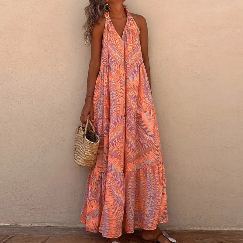 Summer Beach Style Women Ruffles Dress Patchwork Backless Off Shoulder Lady Long Dress Holiday Casual Loose Sleeveless Dresses