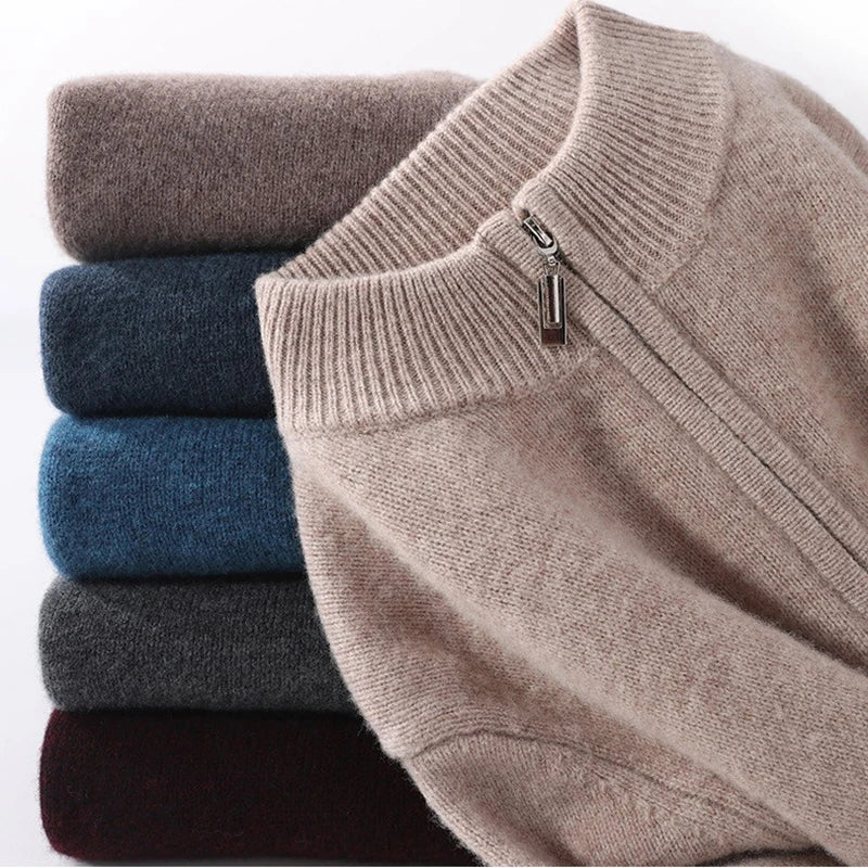 100% Soft Cashmere Men's Clothing Sweater Half-High Zipper Pullover Autumn Winter Warm Basic Knitted Jumper Pull Homme