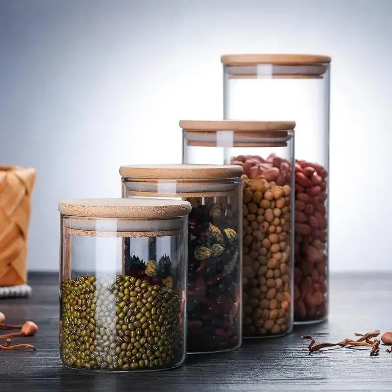 Kitchen Storage Tank Food Container Bambo Covered High Borosilicate Food Sealed Glass Tank Kitchen Miscellaneous Grain Organizer