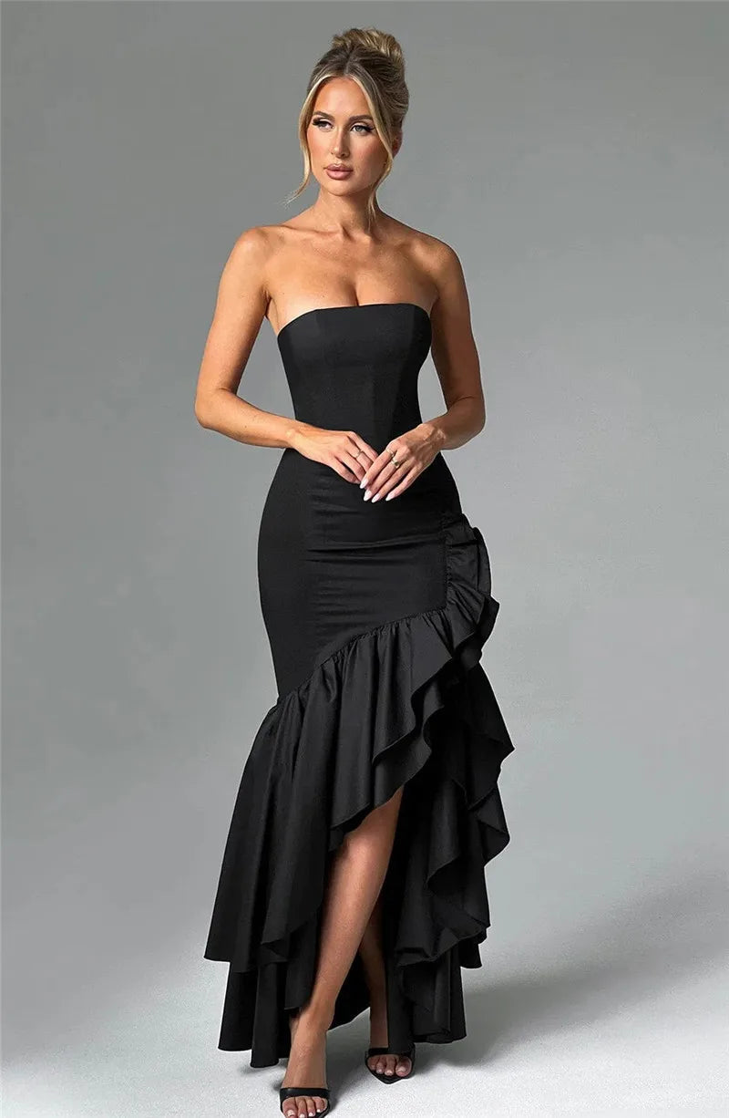 Mozision Strapless High Split Ruffle Long Dress For Women Fashion Off-shoulder Backless Sleeveless Bodycon Club Party Sexy Dress