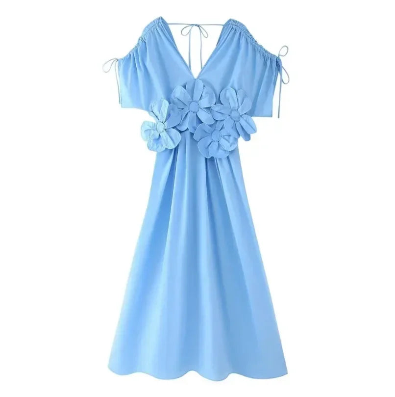 Women Blue V-neck Waist Strap Three-dimensional Flower Bow High Waist Long Dress