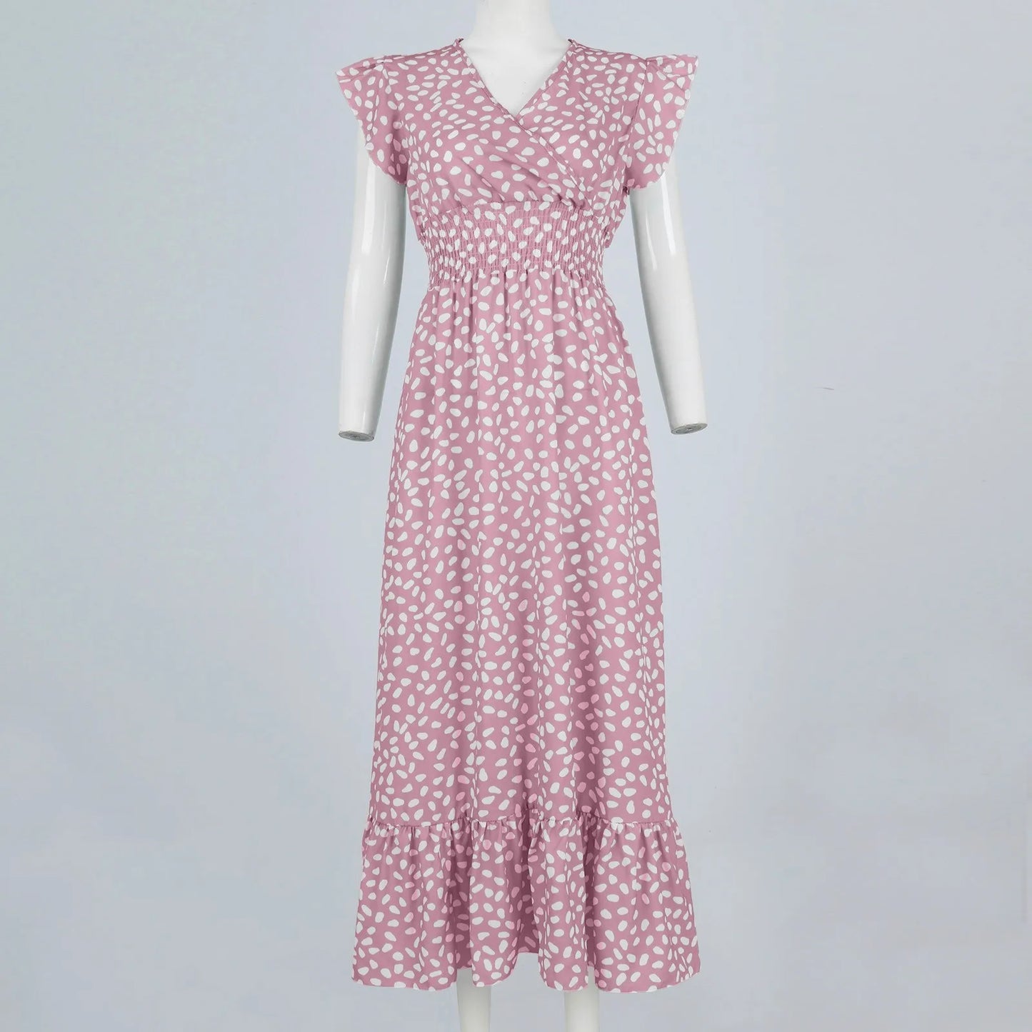 Polka Dot Dress For Women Sexy V-Neck Long Dress Casual And Fashionable Ruffle Edge Short Sleeved High Waisted Dress