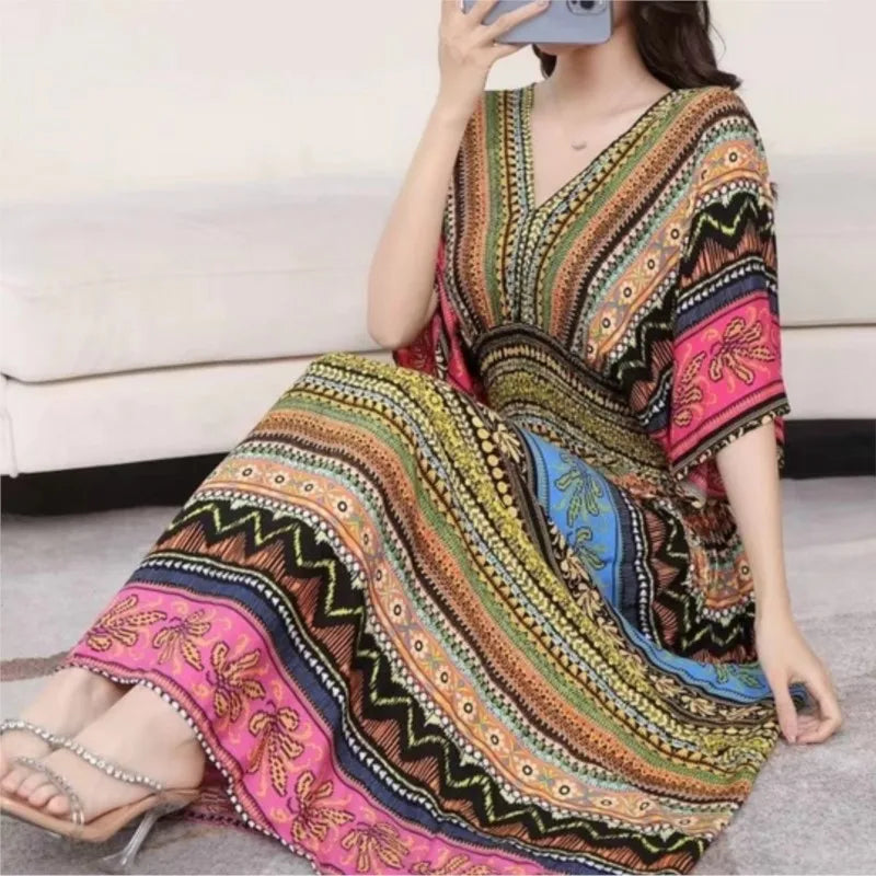 V-neck Large Skirt Hem Casual Sweet Holiday Long Dress Bat Sleeves Elastic Waist Bohemian Print Floral Elegant Dresse For Women