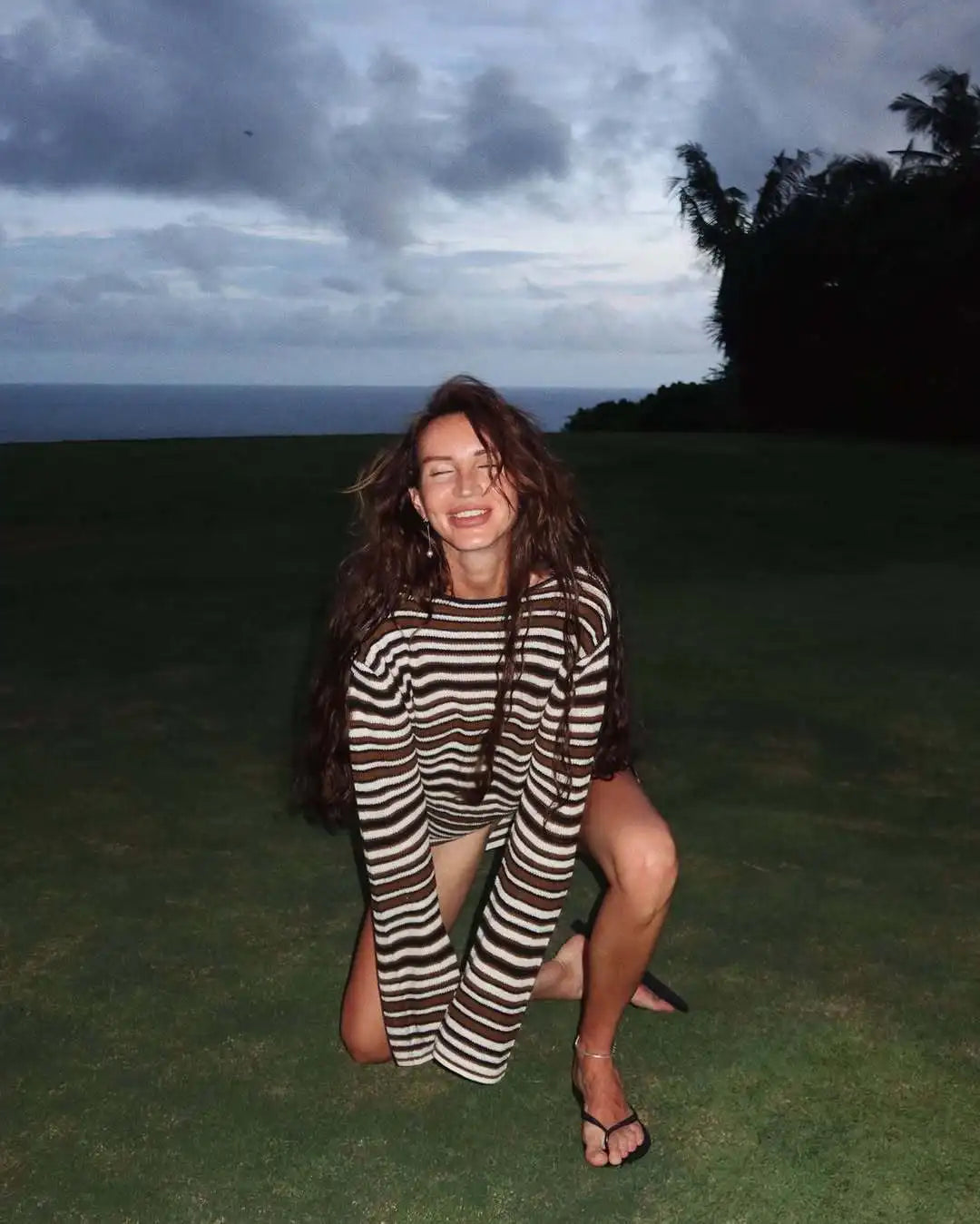 Talenza Knit Striped Mini Dress Women's Fashion Backless Cutout Long Sleeve Knit Dress Beach Vacation Boho Loose Casual Dresses