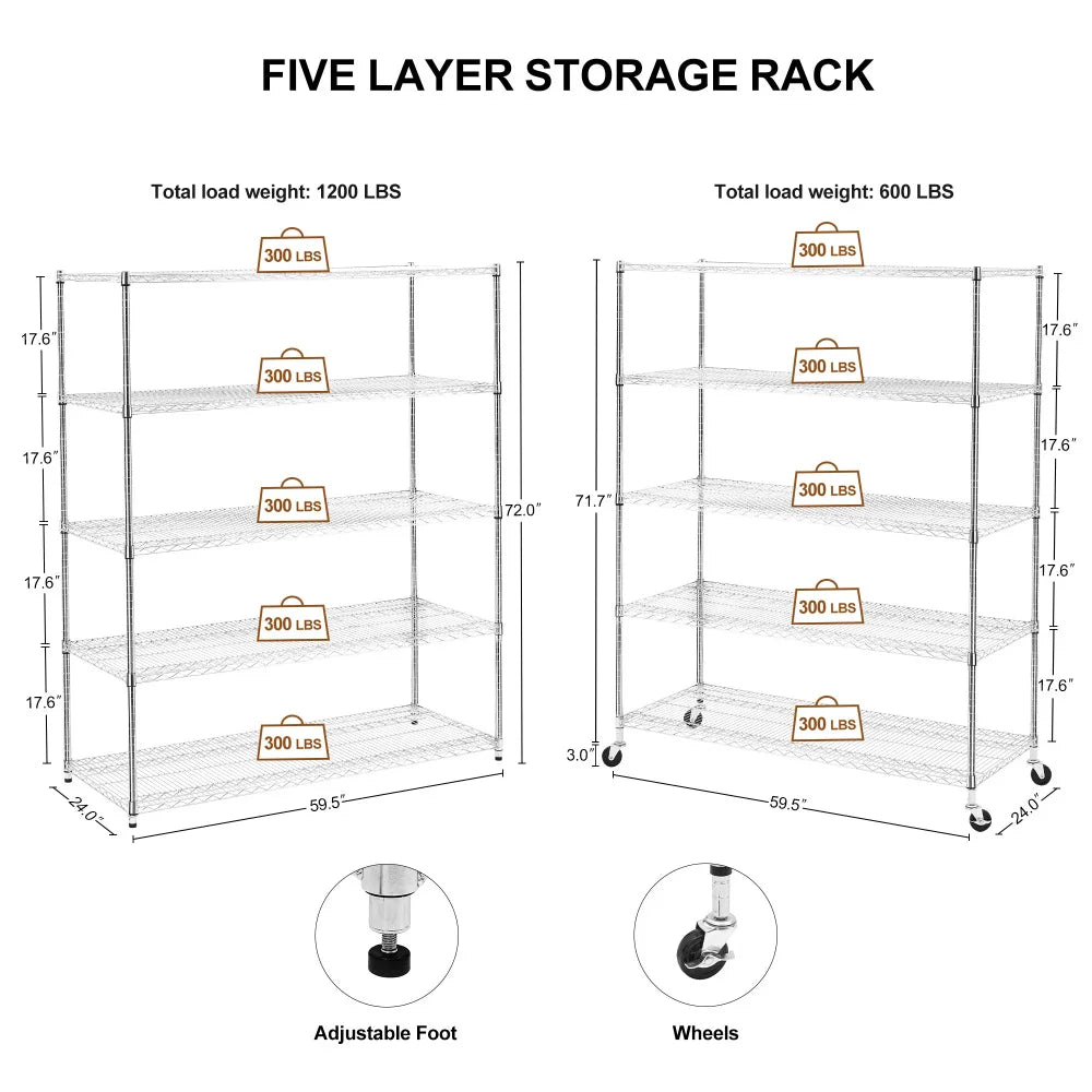 Warehouse supermarket kitchen other 5-layer heavy-duty adjustable shelves with wheels adjustable feet frame bearing 300 pounds