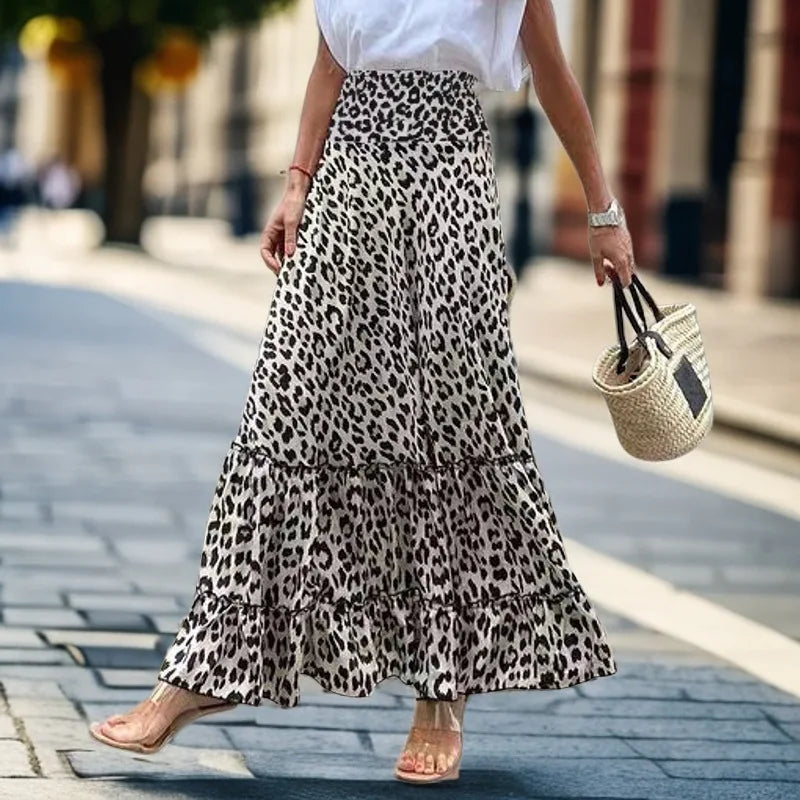 Loose High Waisted Women Skirt Elegant Leopard Print Long Dress Fashion Ruffles Clothing