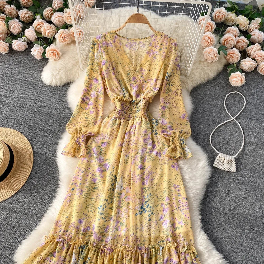 YuooMuoo 2025 Spring Summer Long Sleeve Chiffon Dresses Fashion Female Elastic Waist Pleated Long Dress Women Print Floral Dress