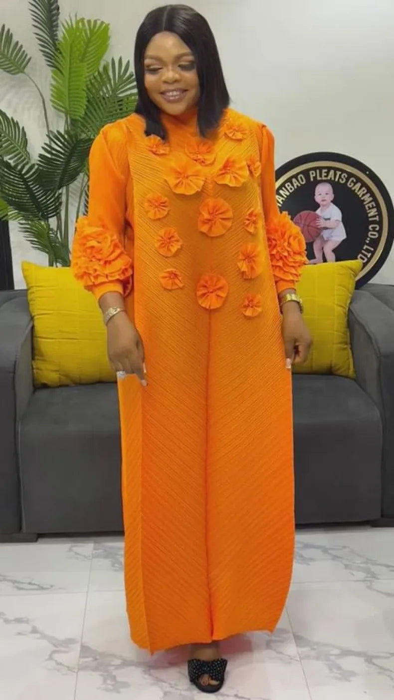 ANLAN Miyake Pleated Maxi Long Dress 3D Flower Splicing Lantern Sleeve Half Turtleneck Formal Dresses for Women 2025 New 5AN9928