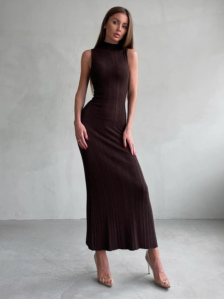 2024 Spring Summer Knitted Long Dress Women Elegant Turtleneck Sleeveless Basic Bodycon Solid Maxi Dresses Female Vestidos