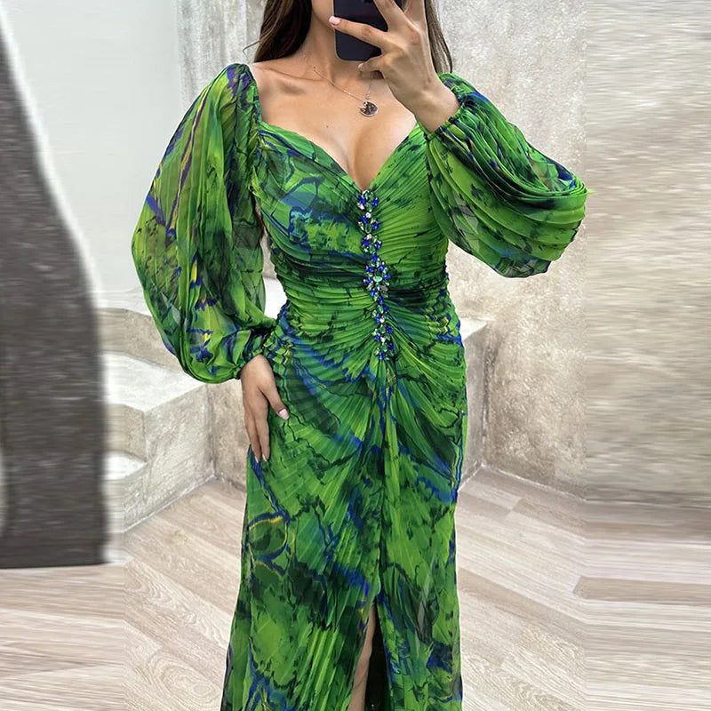 Casual Lantern Long Sleeve Big Hem Long Dress Vintage Tie-dye Print Pleated Party Dress Women Sexy Deep V-neck Waist Split Dress