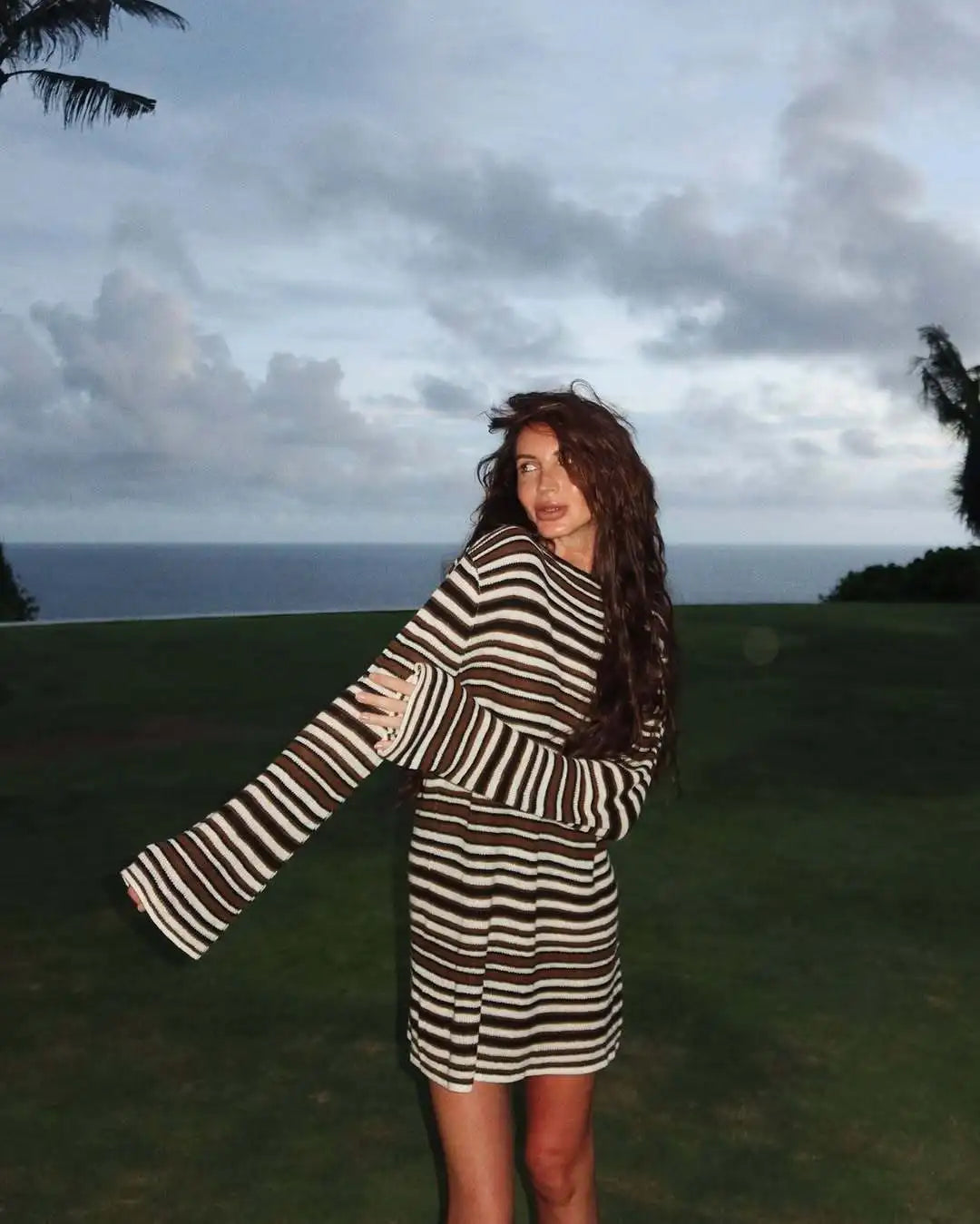 Talenza Knit Striped Mini Dress Women's Fashion Backless Cutout Long Sleeve Knit Dress Beach Vacation Boho Loose Casual Dresses
