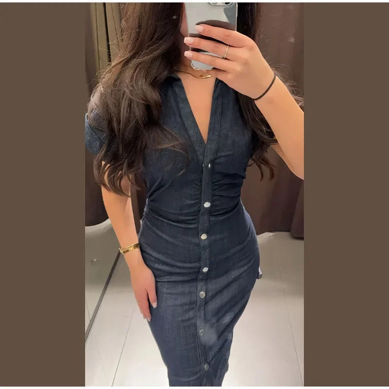 Sexy V-neck Denim Dresses 2025 Women's Spring Fashion Slim Long Dress Chic Short Sleeves Single Button High Street Lady New Robe