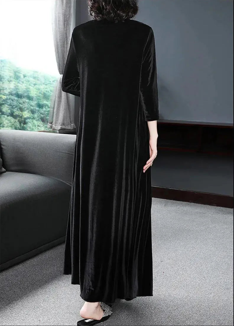 Spring and Summer New Gold Velvet European and American Slim Style Round Neck Long Dress