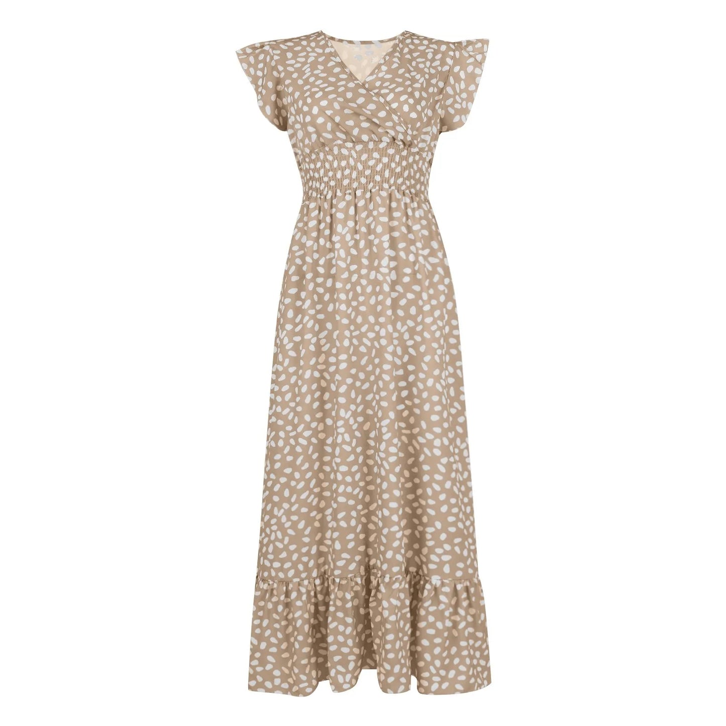 Polka Dot Dress For Women Sexy V-Neck Long Dress Casual And Fashionable Ruffle Edge Short Sleeved High Waisted Dress