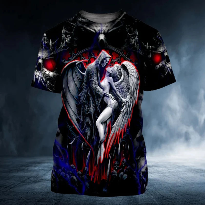 Summer Retro T Shirt Men 3D Printed Skull Angel Graphic Tees Fashion Clothes Oversized Streetwear O Neck Short Sleeve Man Tops